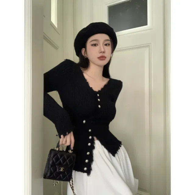 V neck Sweater Solid Color Slim Fit Sunken Stripe Thick Burr Design Knitted Cardigan For Women Black - Shop at LoveMi