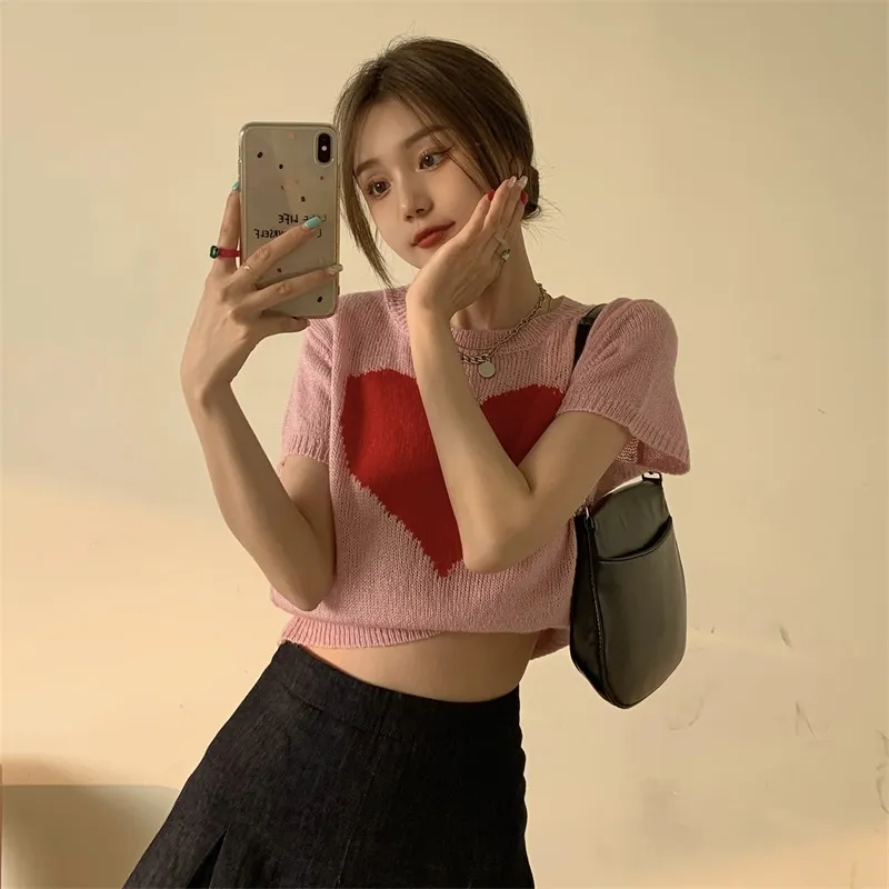 Fashionable Simple Jacquard Short-sleeved Knitted Top - Pink