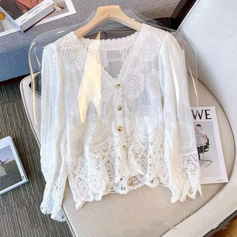Fashion Hollowed-out V-neck Loose Sweater For Women Cardigan Top - Average Size