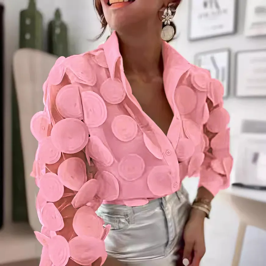 Women's Fashion Mesh Long-sleeved Shirt - Pink