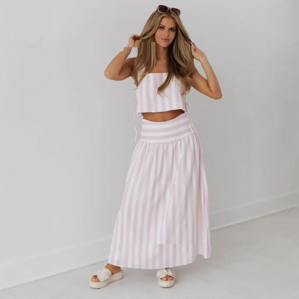 Women's Vacation Style Swing Skirt Mid-length Umbrella Skirt Suit - Pink