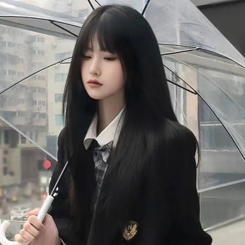 Black Long Straight Wig Female Bangs Wig Head Cover