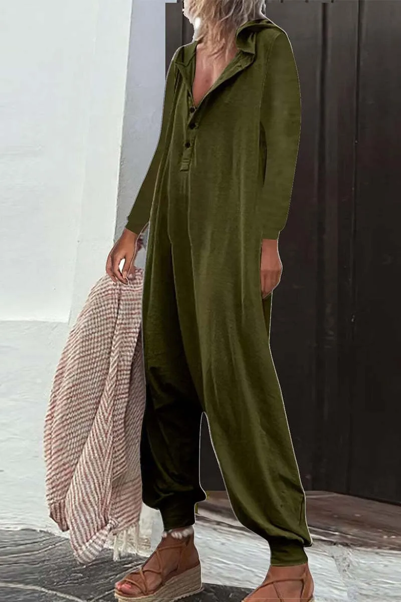Hooded Side Pocket Long Sleeve Trousers Jumpsuit Baggy Pants - Army Green