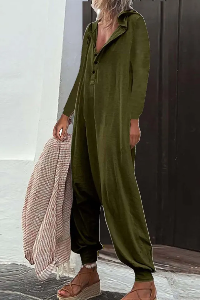 Hooded Side Pocket Long Sleeve Trousers Jumpsuit Baggy Pants Army Green - Shop at LoveMi