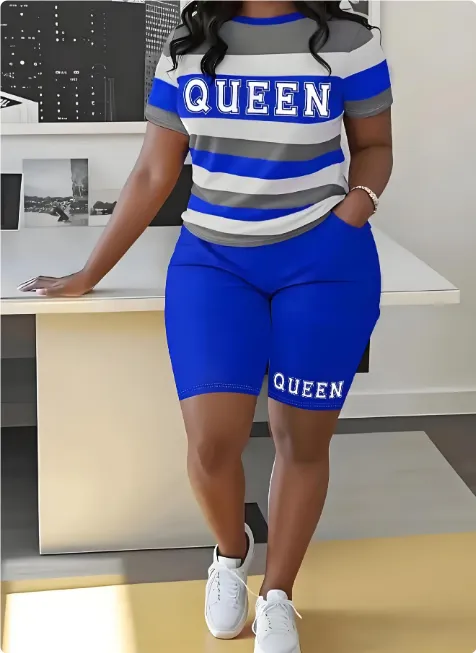 European And American T shirt Striped Letters 3D Printed Shorts Suit Blue - Shop at LoveMi