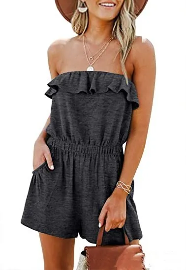 Women's Off shoulder Off the shoulder Lotus Leaf Flat Jumpsuit Dark Gray - Shop at LoveMi