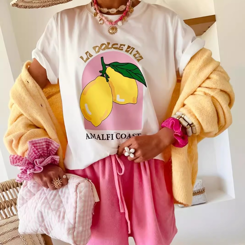 American Vintage Design Lemon Fruit Printed Hot Girl Loose Short Sleeve