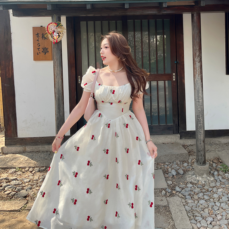 Women's Summer Vacation French Retro Short Sleeve Long Dress White Short - Shop at LoveMi