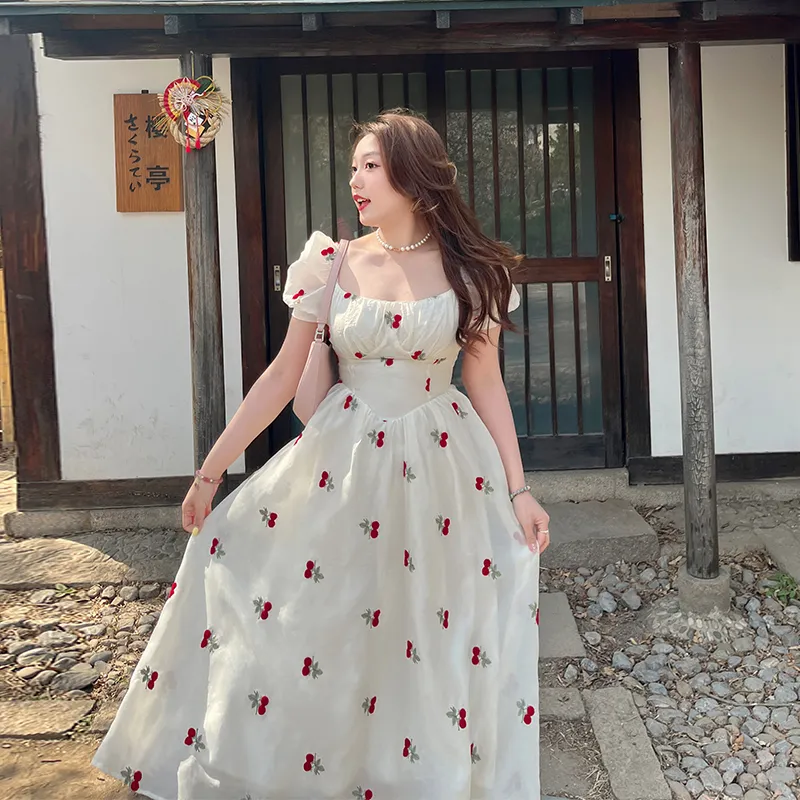 Women's Summer Vacation French Retro Short Sleeve Long Dress - White Short