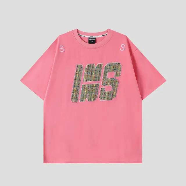 Woven Paste Cloth Embroidery Short Sleeve Loose Cotton Half Sleeves T shirt Pink - Shop at LoveMi