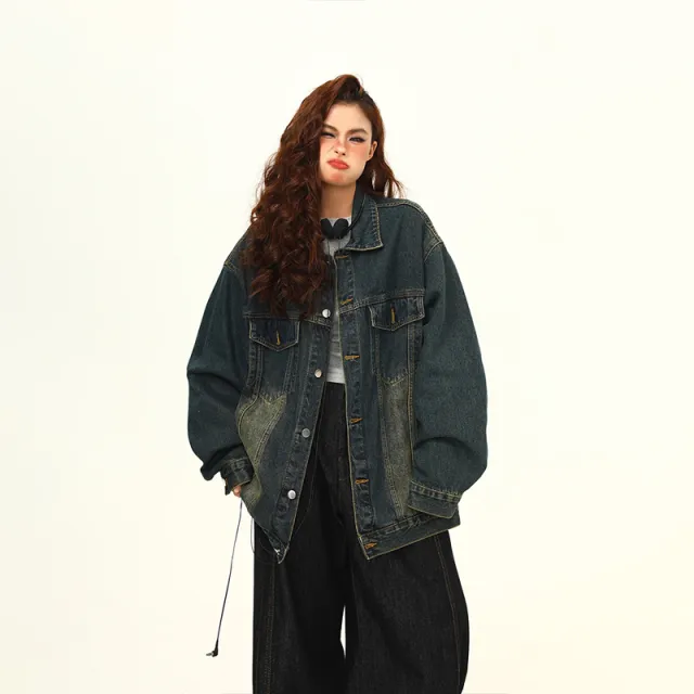 Washed out Vintage Blue Denim Coat Couple Jacket Dark Blue - Shop at LoveMi