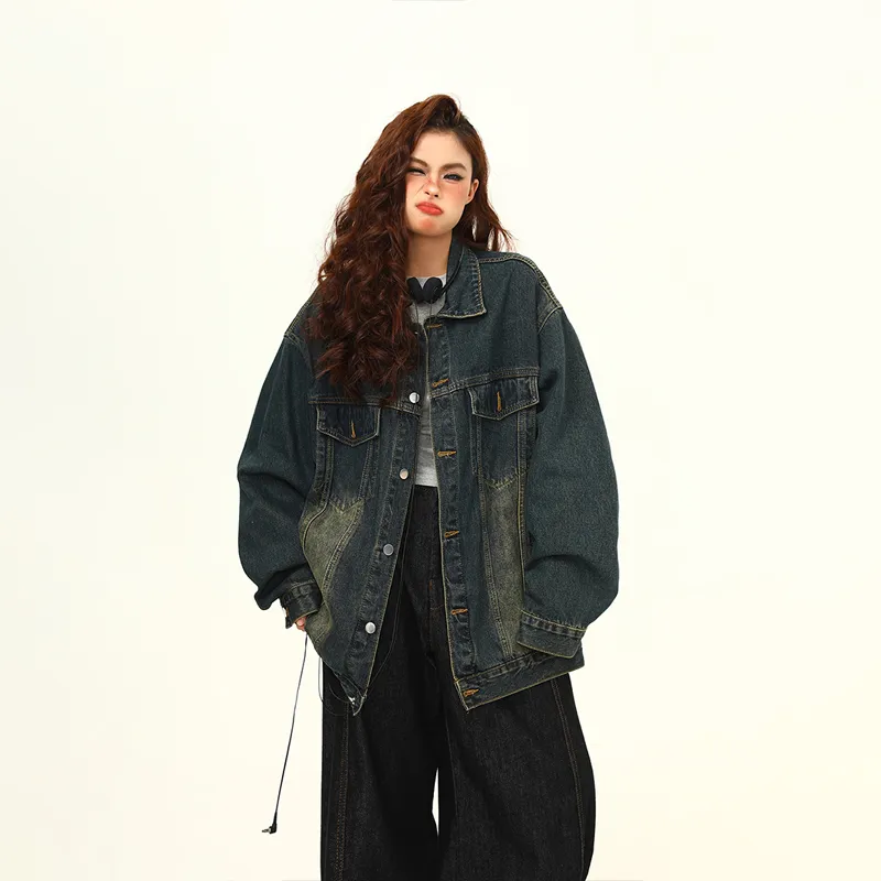 Washed-out Vintage Blue Denim Coat Couple Jacket - Dark Blue