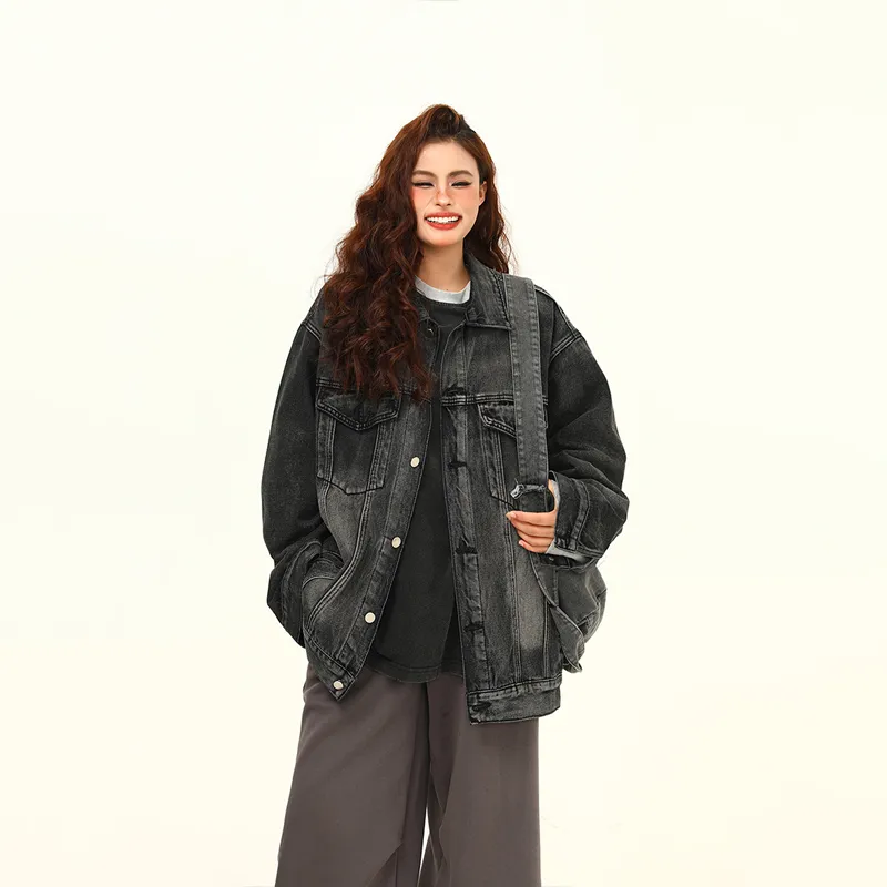 Washed-out Vintage Blue Denim Coat Couple Jacket - Black Gray