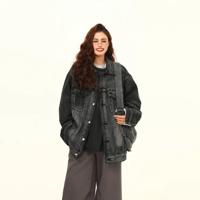 Washed out Vintage Blue Denim Coat Couple Jacket Black Gray - Shop at LoveMi