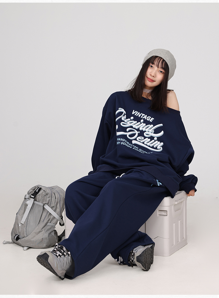 Off-shoulder Sweater Navy Blue American Trousers Suit