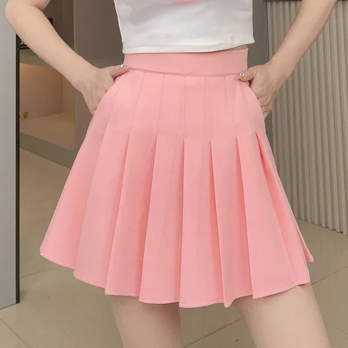 Women's High Waist Elastic Plump Girls Slimming A- Line Versatile Skirt - Peach Pink