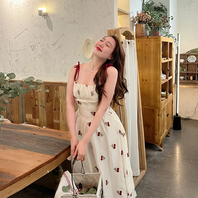 Women's Summer Vacation French Retro Short Sleeve Long Dress - White Suspender