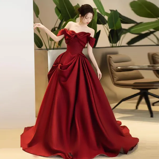 High end Engagement Red Evening Dress French Off shoulder Bow Princess Dress Wine Red - Shop at LoveMi
