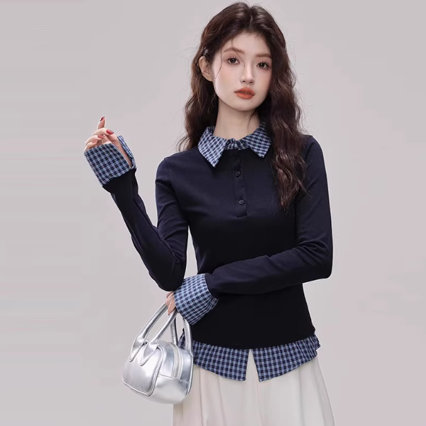 Women's Retro Fake Two piece Plaid Stitching Top Dark Blue - Shop at LoveMi