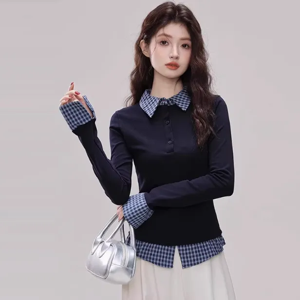 Women's Retro Fake Two piece Plaid Stitching Top Dark Blue - Shop at LoveMi