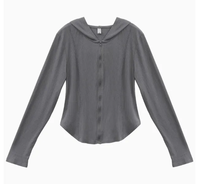 Female Slim Fit And Slimming Short Hooded Top Half Skirt Set - Grey Cardigan