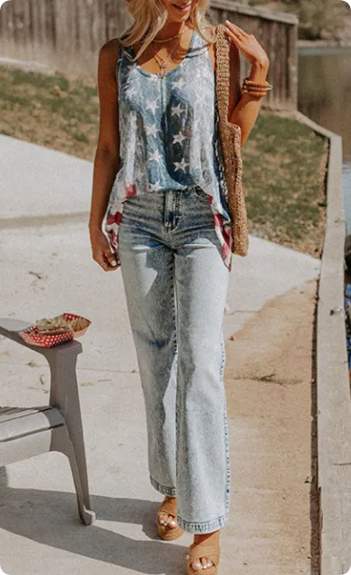 Blue Vintage Washed Flag Print Tank Top Blue - Shop at LoveMi