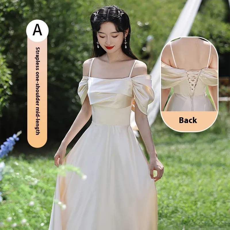 Champagne Evening Dress French Entry Lux Bridesmaid Daily Style - Champagne A Medium Long