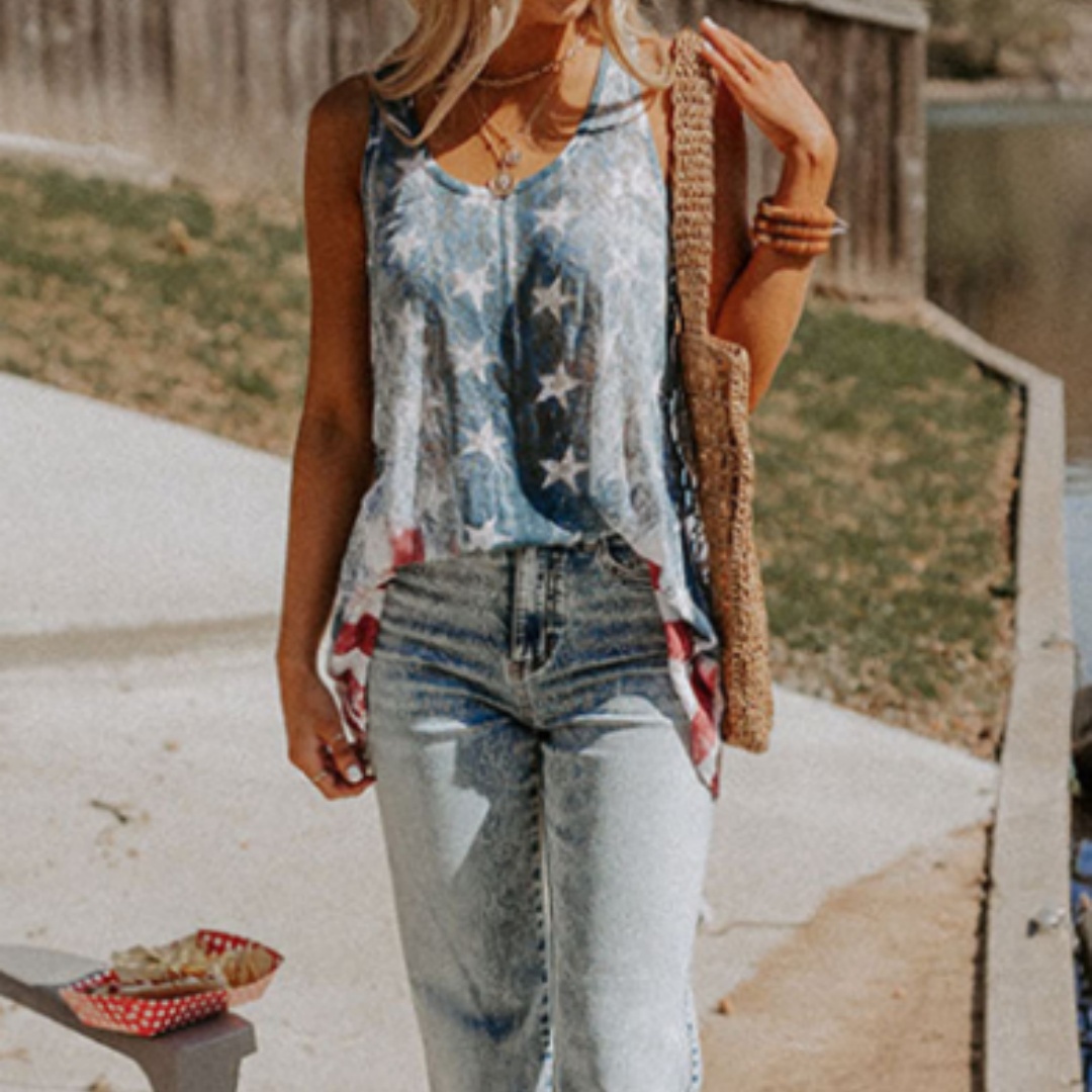 Blue Vintage Washed Flag Print  Tank Top