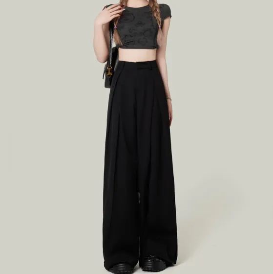 Summer Drape Petite High Waist Wide Leg Casual Pants Black - Shop at LoveMi