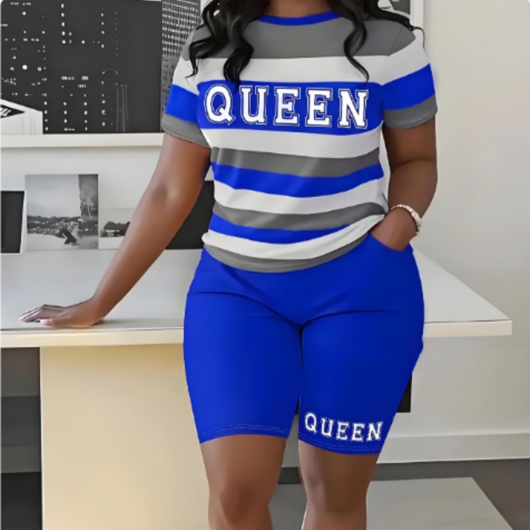European And American T-shirt Striped Letters 3D Printed Shorts Suit