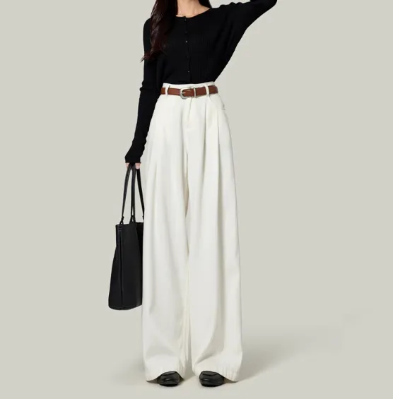 High Waisted Petite Straight Wide Leg Trousers - White
