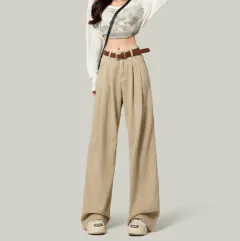 High Waisted Petite Straight Wide Leg Trousers - Milk Coffee - View 1