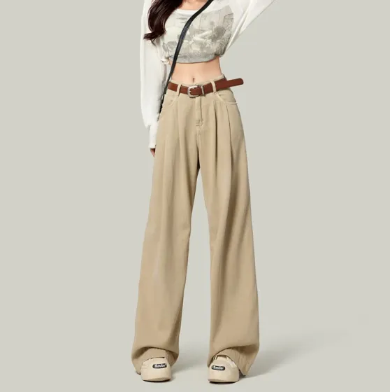 High Waisted Petite Straight Wide Leg Trousers Milk Coffee - Shop at LoveMi