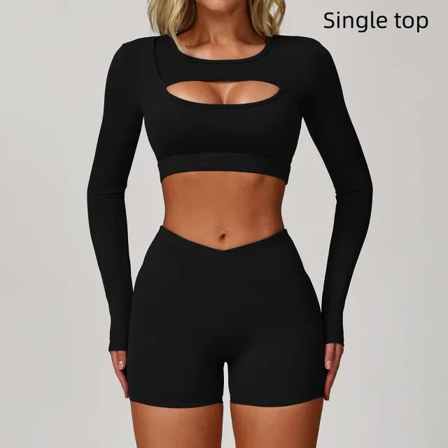 Nude Feel Tight Yoga Long Sleeve Sports Hollow T shirt Advanced Black - Shop at LoveMi
