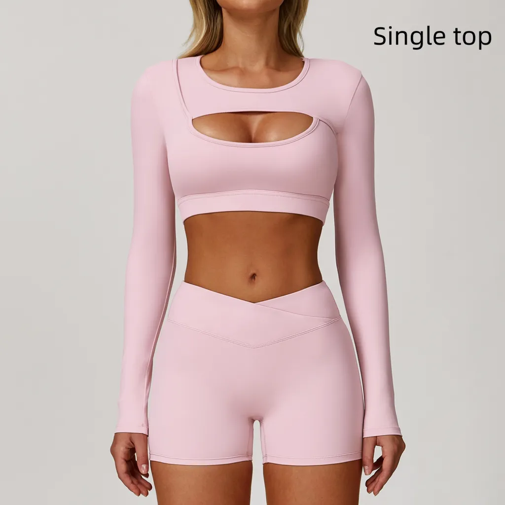 Nude Feel Tight Yoga Long Sleeve Sports Hollow T-shirt - Pink