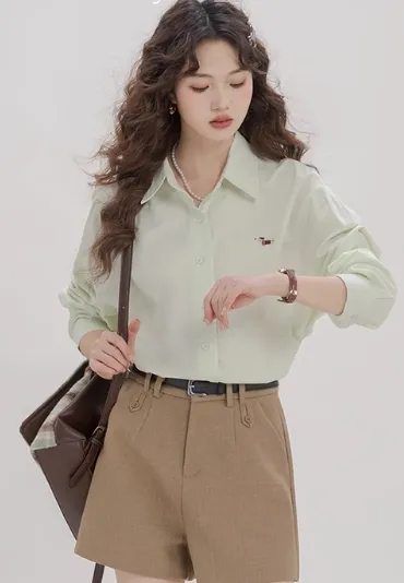 Women's Loose French Embroidered Puppy Shirt Light Green - Shop at LoveMi