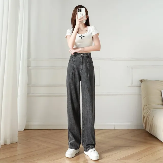 Elastic Waist Straight Jeans Women's Summer Thin High Wide leg Pants Gray Cropped - Shop at LoveMi