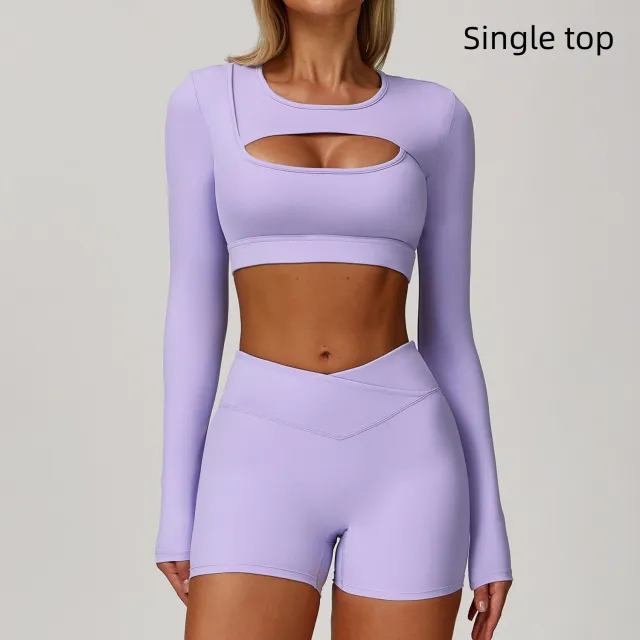 Nude Feel Tight Yoga Long Sleeve Sports Hollow T shirt Lilac Purple - Shop at LoveMi