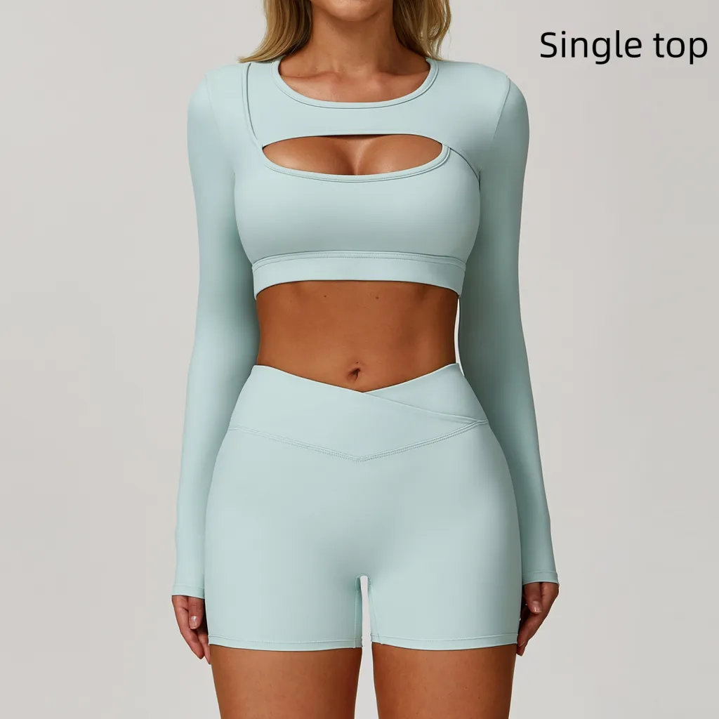 Nude Feel Tight Yoga Long Sleeve Sports Hollow T-shirt - Cream Green