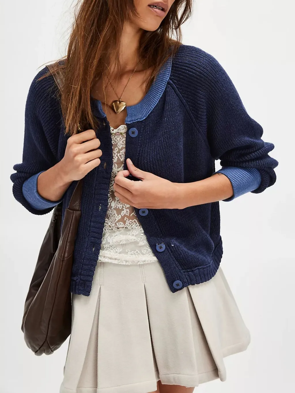 Women's Contrast Color Round Neck Knitwear Single Row Button Coat - Dark Blue