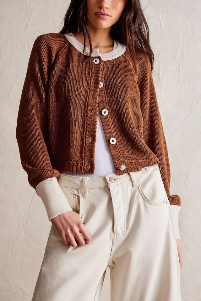 Women's Contrast Color Round Neck Knitwear Single Row Button Coat Coffee - Shop at LoveMi