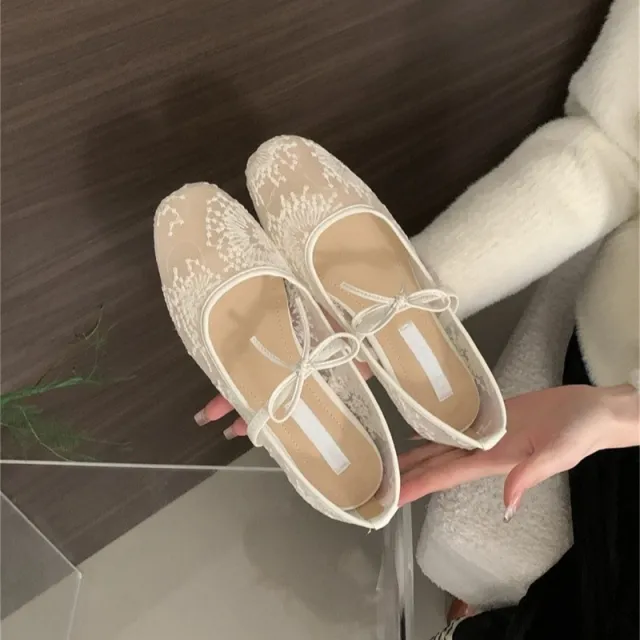 Flat Lace Mesh Breathable Mary Jane Evening Shoes Beige - Shop at LoveMi