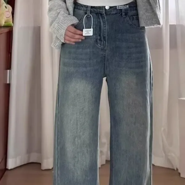 Retro Blue Wide Leg Jeans Women's Spring And Autumn High Waist Loose
