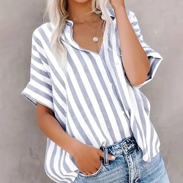 Summer New Women's Short sleeved Shirt Cotton And Linen Stripes Loose Grey - Shop at LoveMi