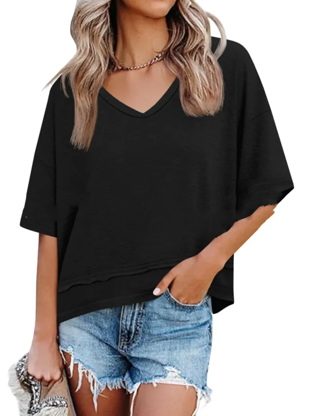 Casual Dignified Sense Of Design Solid Color Short Sleeve Black - Shop at LoveMi