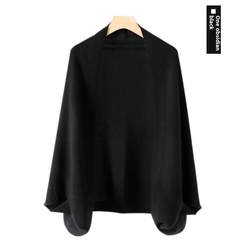 Women's Cashmere Shawl Knitting Cape Dual Purpose Scarf - Obsidian Black