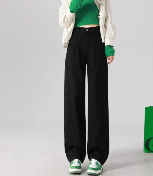Straight High Waist Draped Casual Wide leg Pants Black - Shop at LoveMi
