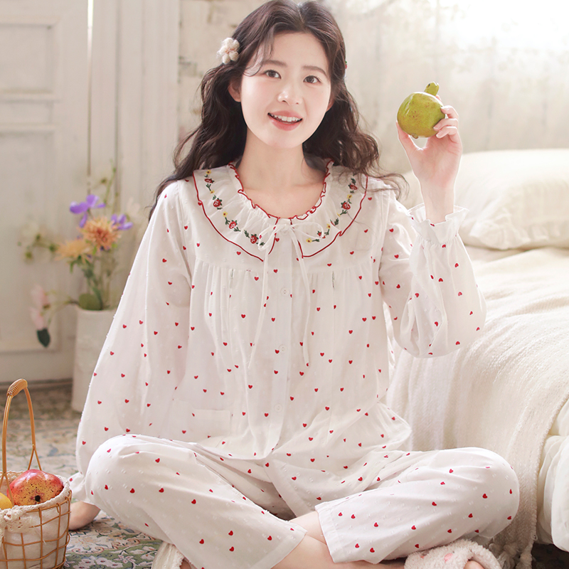 Pure Cotton Gauze Pajamas For Women Sweet And Fresh  Long Sleeves With Chest Pads