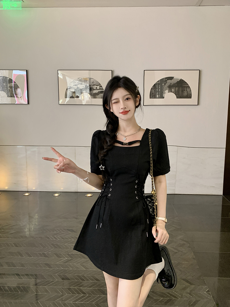 Plus Size Women's French Short Sleeve Dress Waist Slimming Denim Skirt Pear Shape Black - Shop at LoveMi