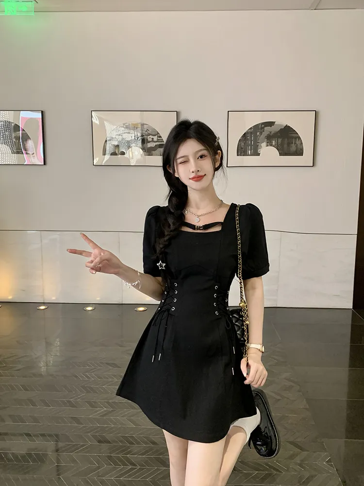 Plus Size Women's French Short Sleeve Dress Waist Slimming Denim Skirt Pear Shape - Black